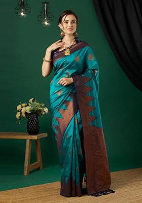 Aqua Blue Woven Banarasi Silk Saree Set