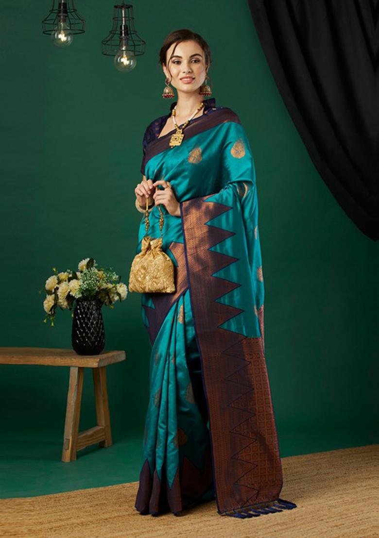 Aqua Blue Woven Banarasi Silk Saree Set