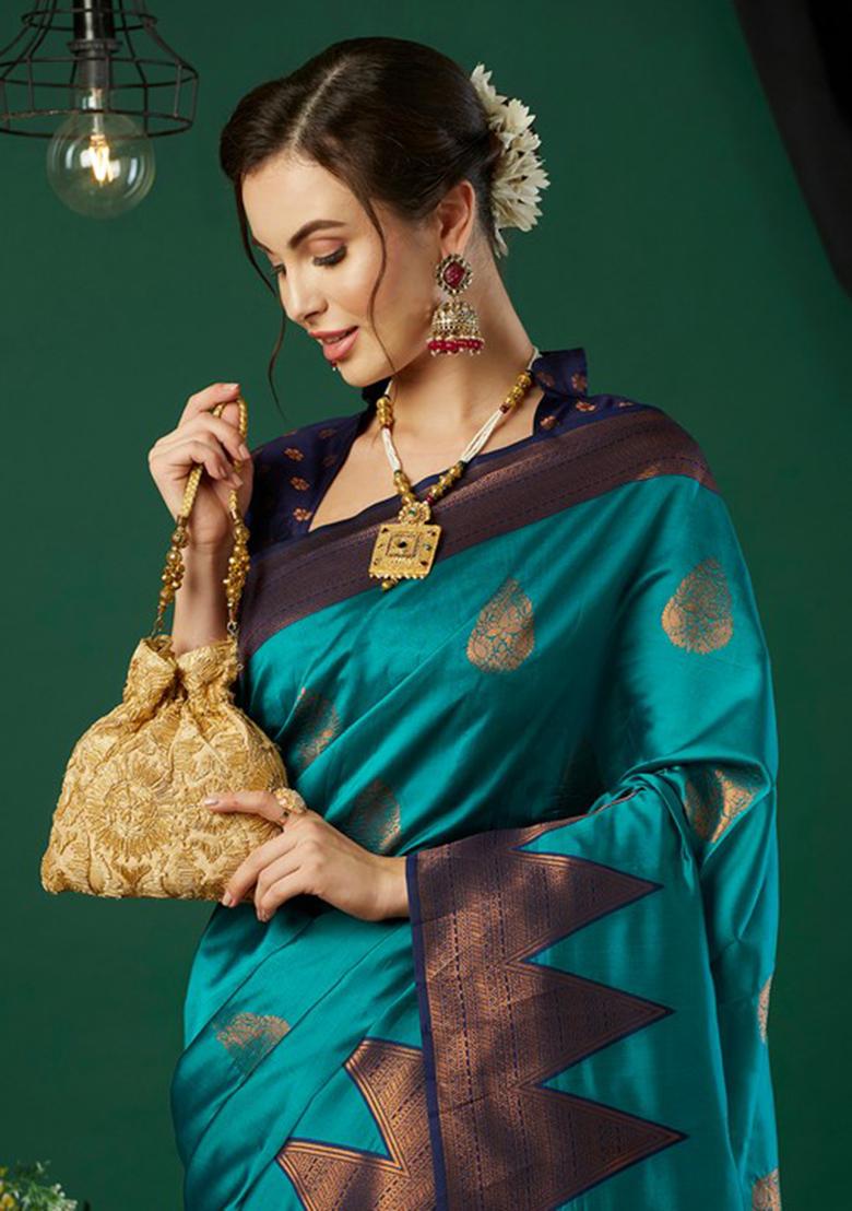 Aqua Blue Woven Banarasi Silk Saree Set