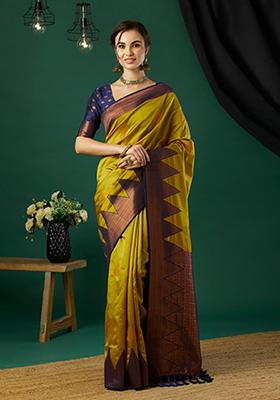 Parrot Green Woven Banarasi Silk Saree Set