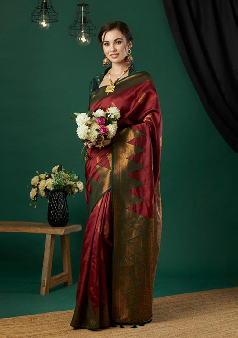 Red Woven Banarasi Silk Saree Set