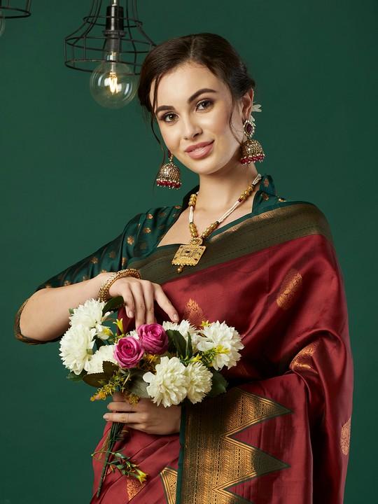 Red Woven Banarasi Silk Saree Set