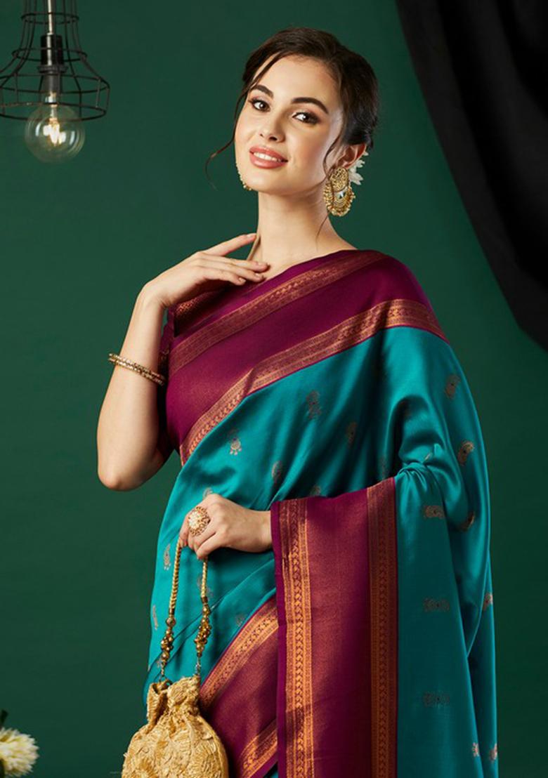 Aqua Blue Woven Banarasi Silk Saree Set
