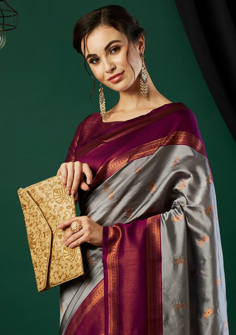 Grey Woven Banarasi Silk Saree Set