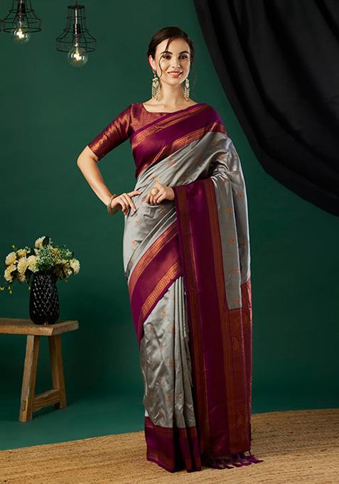 Grey Woven Banarasi Silk Saree Set