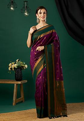 Wine Woven Banarasi Silk Saree Set