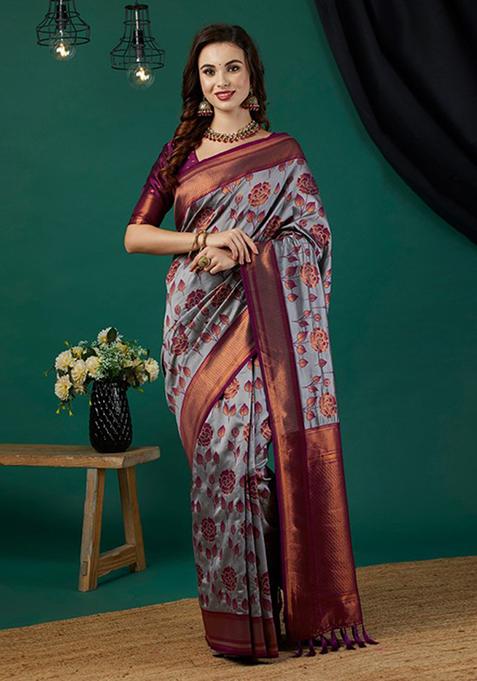 Dark Grey Woven Banarasi Silk Saree Set