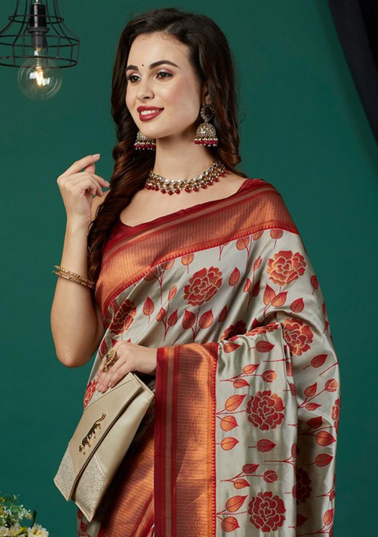 Grey Woven Banarasi Silk Saree Set