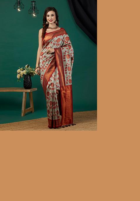Grey Woven Banarasi Silk Saree Set
