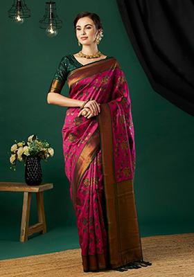 Pink Woven Banarasi Silk Saree Set