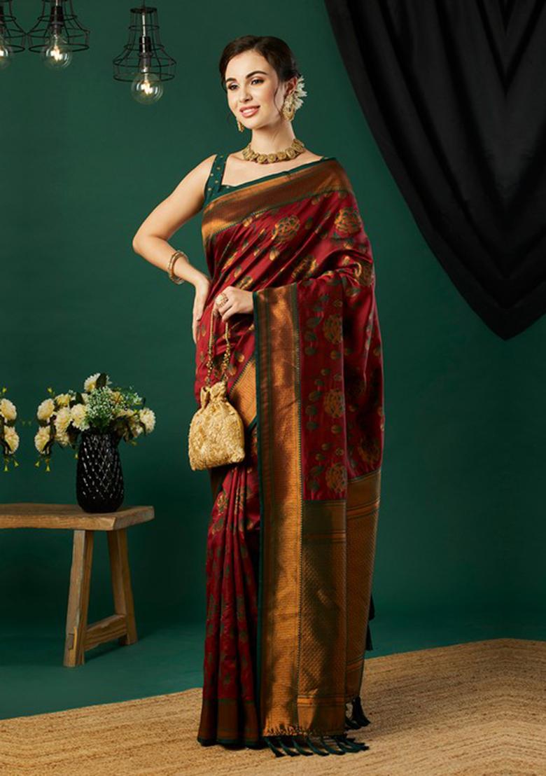 Red Woven Banarasi Silk Saree Set