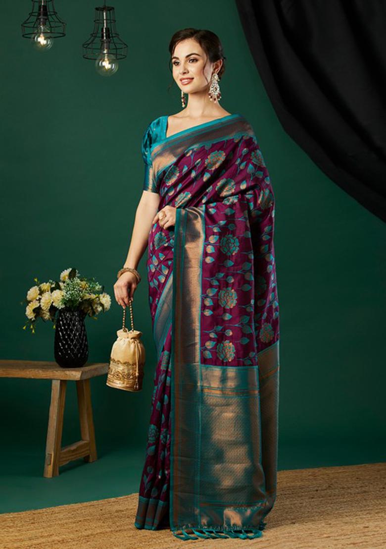 Wine Woven Banarasi Silk Saree Set