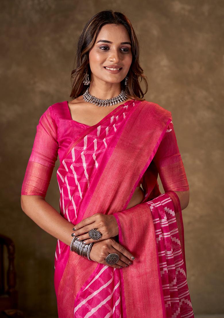 Pink Leheriya Print Cotton Saree Set