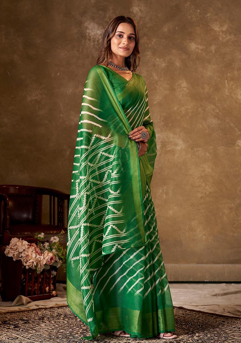 Green Leheriya Print Cotton Saree Set