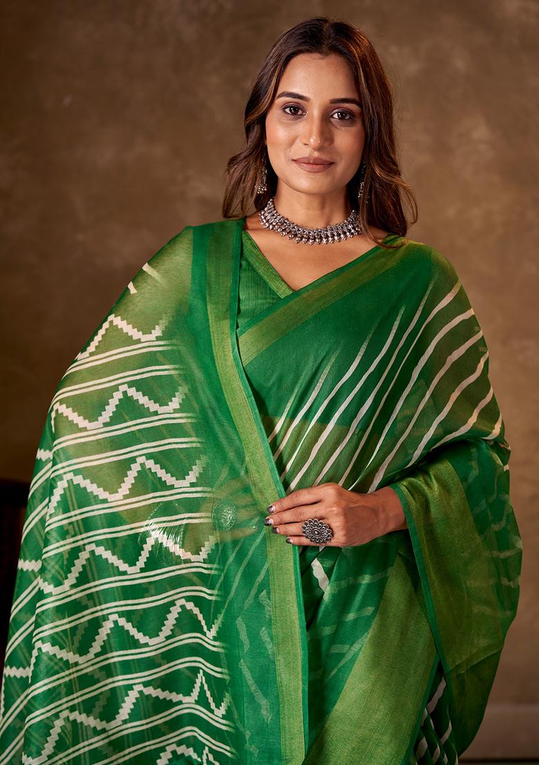 Green Leheriya Print Cotton Saree Set