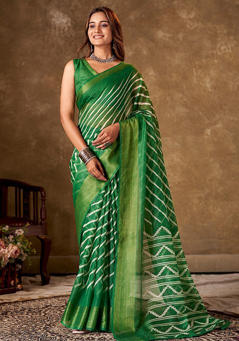 Green Leheriya Print Cotton Saree Set