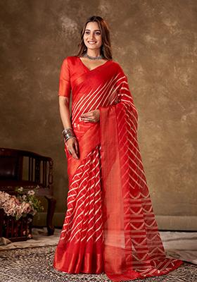 Orange Leheriya Print Cotton Saree Set