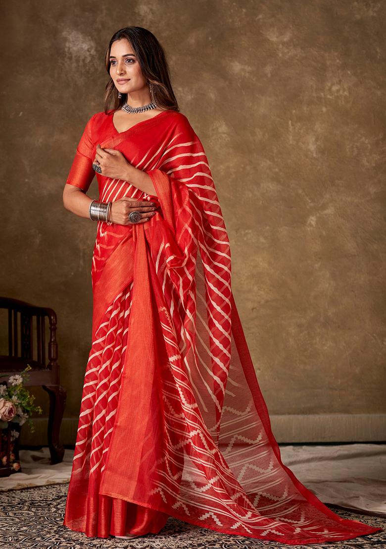 Orange Leheriya Print Cotton Saree Set