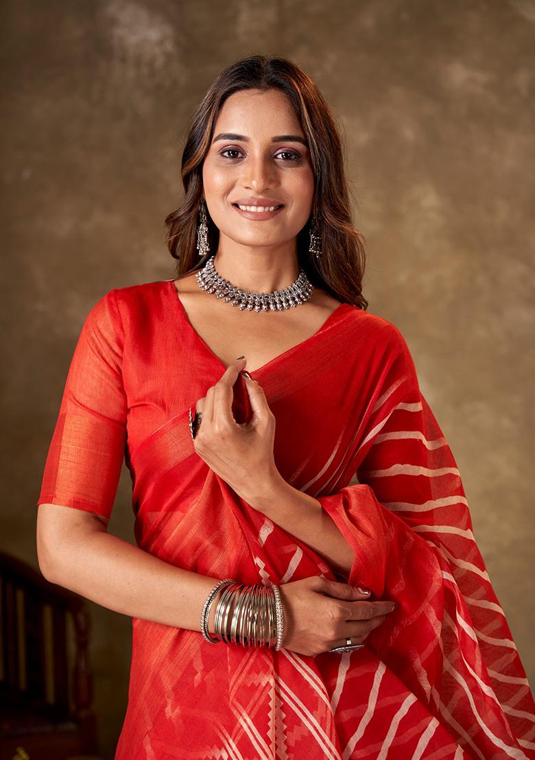 Orange Leheriya Print Cotton Saree Set