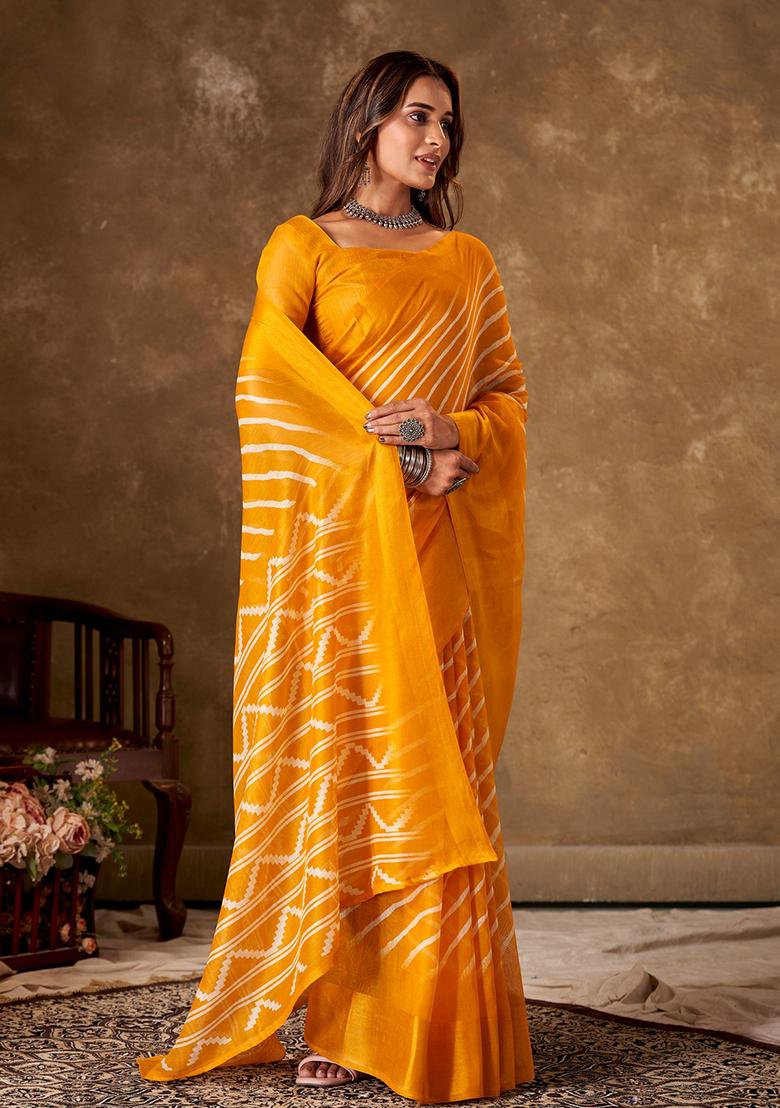 Yellow Leheriya Print Cotton Saree Set