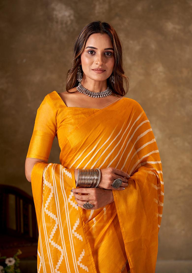 Yellow Leheriya Print Cotton Saree Set