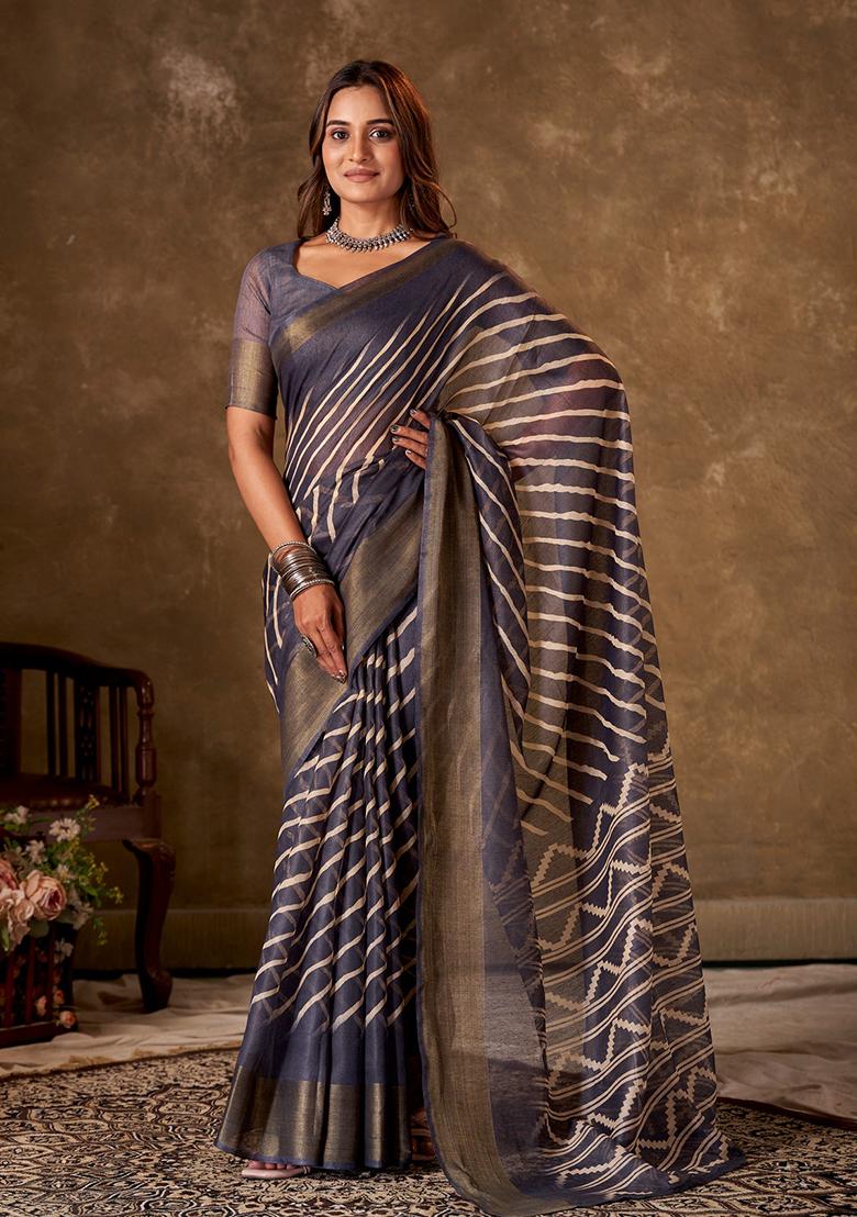 Grey Leheriya Print Cotton Saree Set