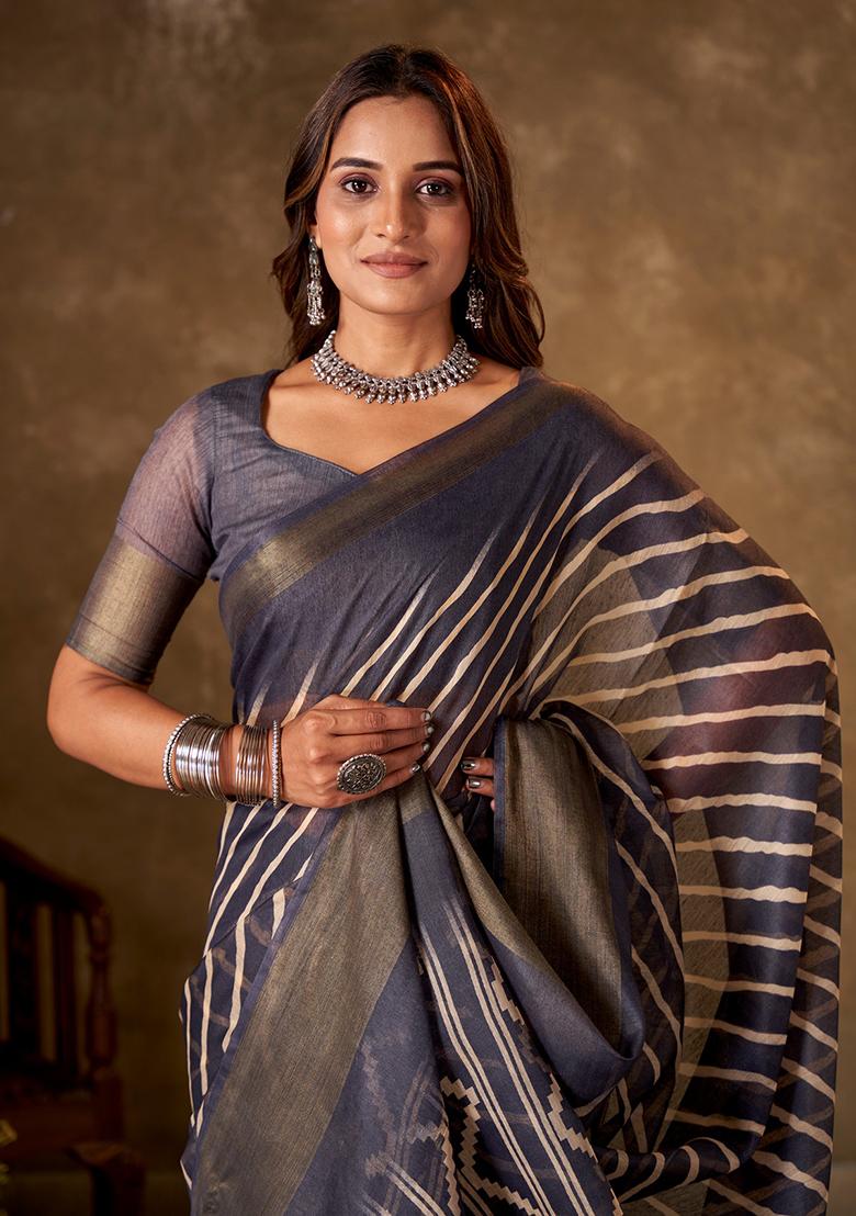 Grey Leheriya Print Cotton Saree Set