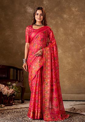 Pink Printed Cotton Saree Set