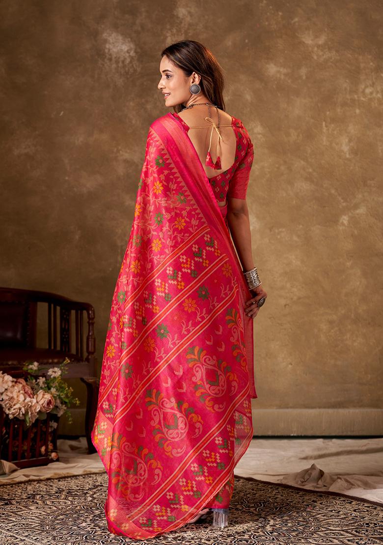 Pink Printed Cotton Saree Set