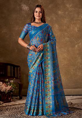 Blue Printed Cotton Saree Set