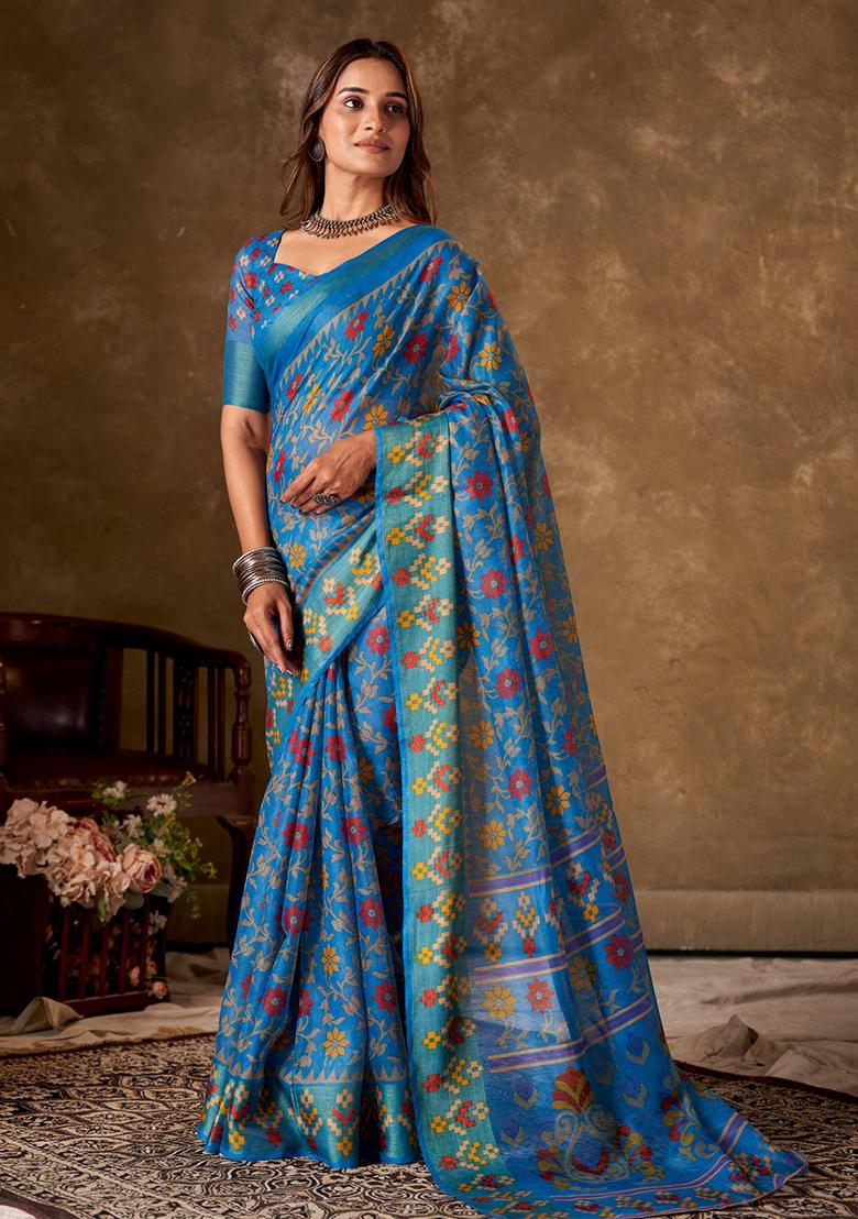 Blue Printed Cotton Saree Set
