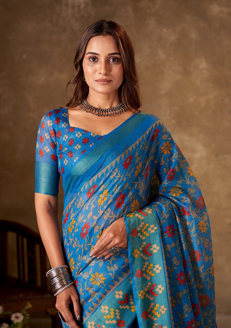 Blue Printed Cotton Saree Set