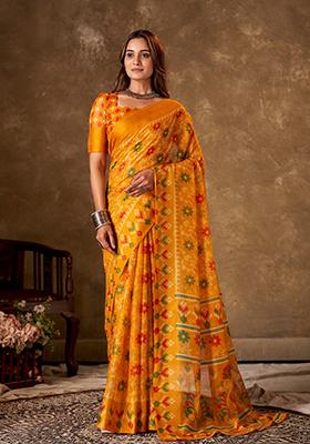 Yellow Printed Cotton Saree Set