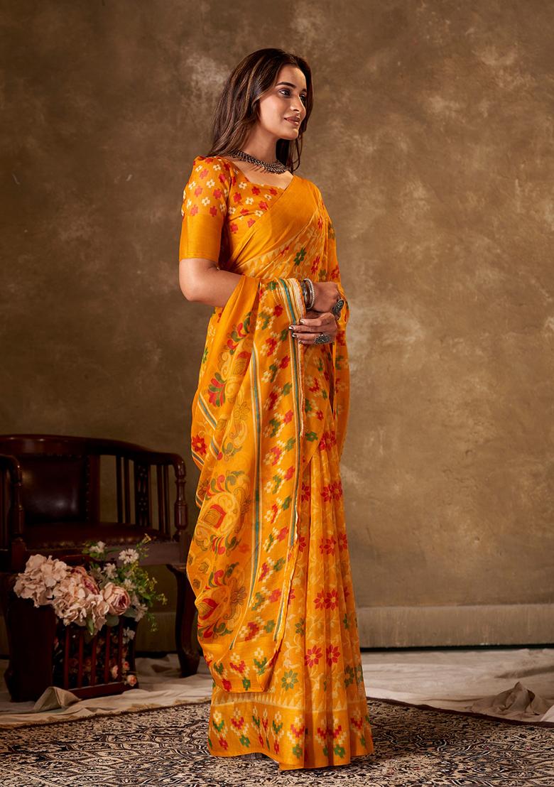 Yellow Printed Cotton Saree Set