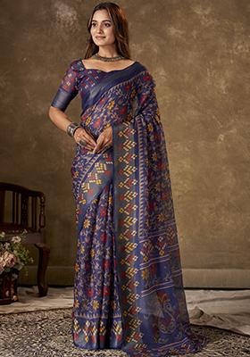 Blue Printed Cotton Saree Set
