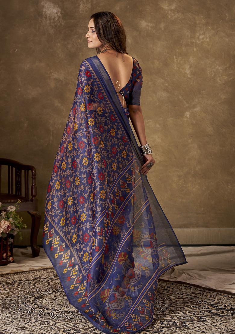 Blue Printed Cotton Saree Set
