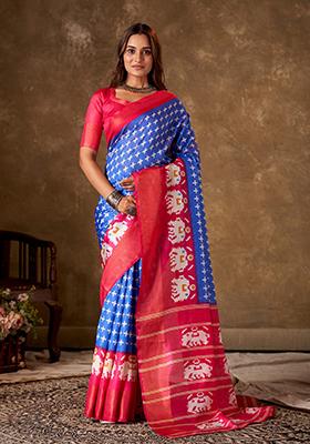 Blue Printed Cotton Saree Set