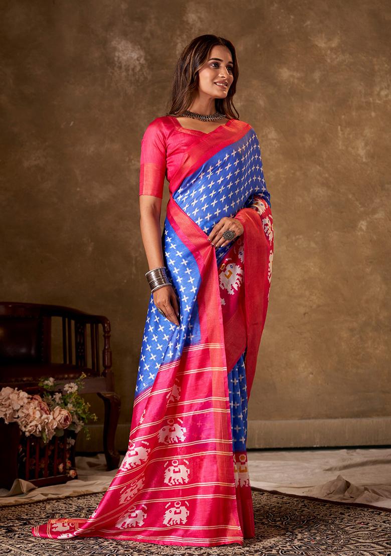 Blue Printed Cotton Saree Set