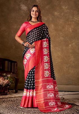 Black Printed Cotton Saree Set