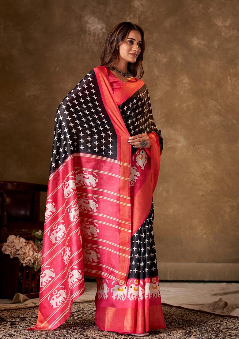 Black Printed Cotton Saree Set