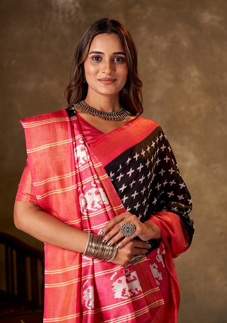 Black Printed Cotton Saree Set