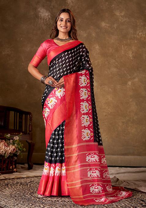 Black Printed Cotton Saree Set