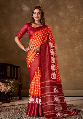 Orange Printed Cotton Saree Set