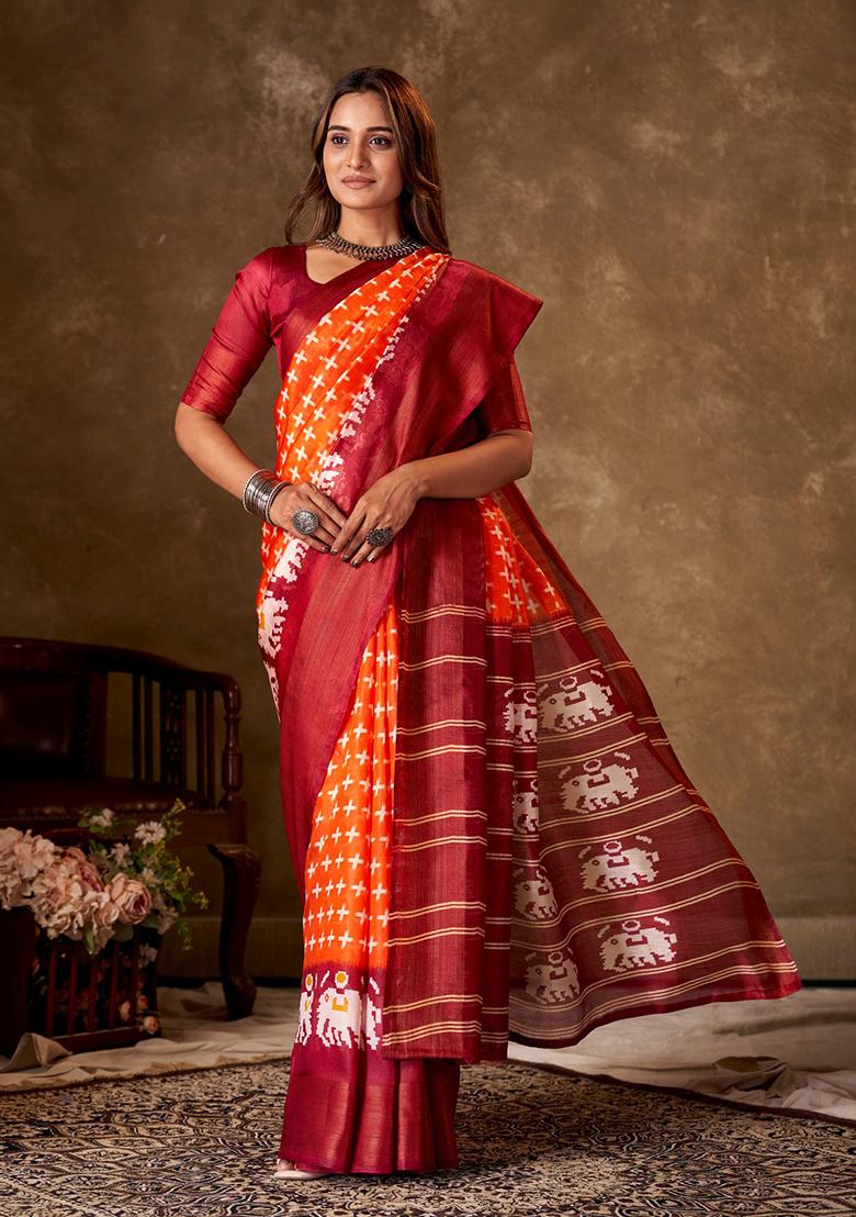 Orange Printed Cotton Saree Set