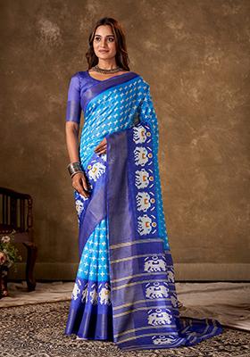 Sky Blue Printed Cotton Saree Set
