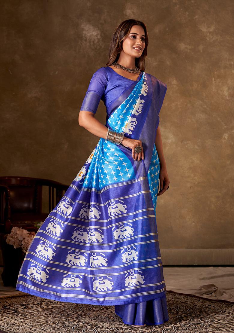 Sky Blue Printed Cotton Saree Set