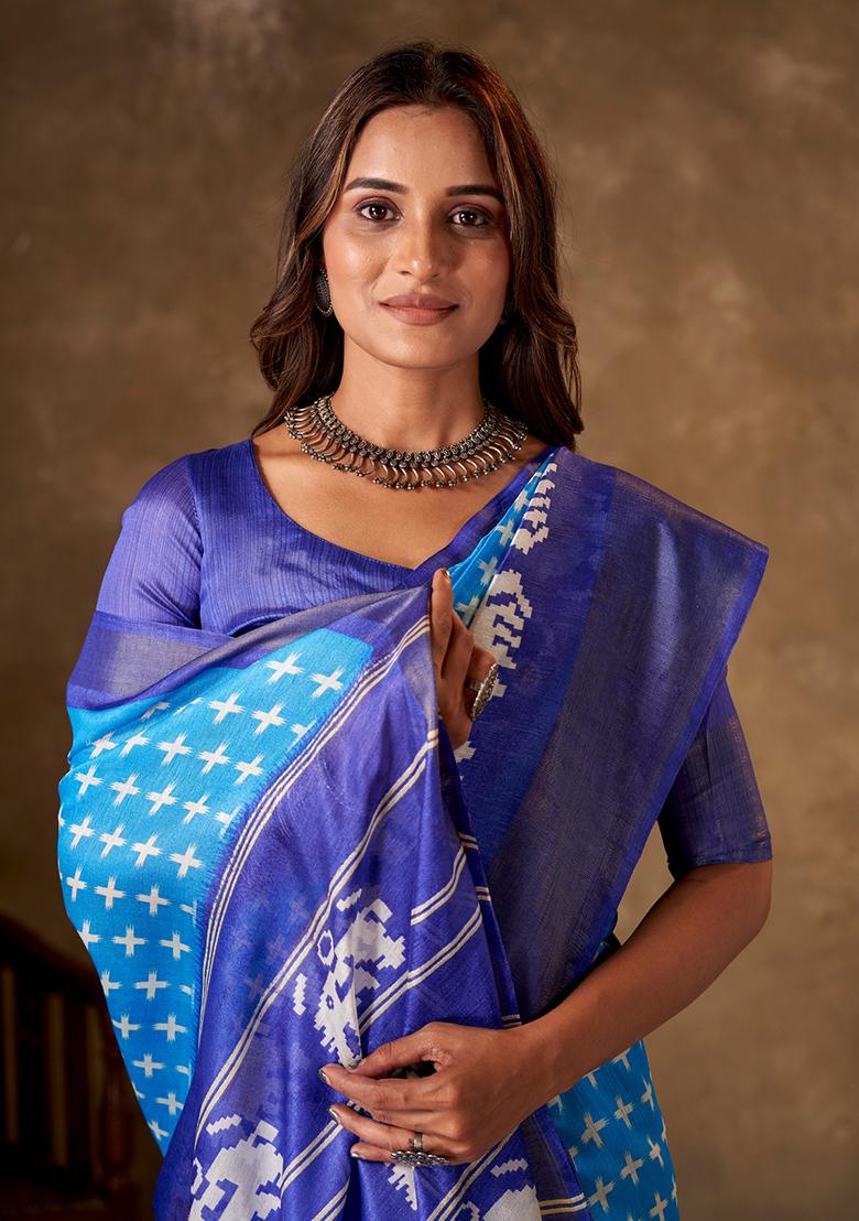 Sky Blue Printed Cotton Saree Set