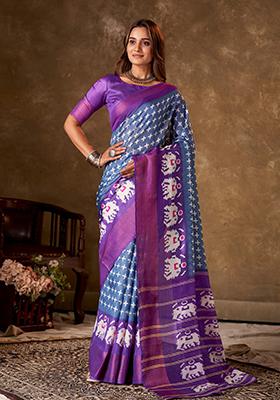 Blue Printed Cotton Saree Set