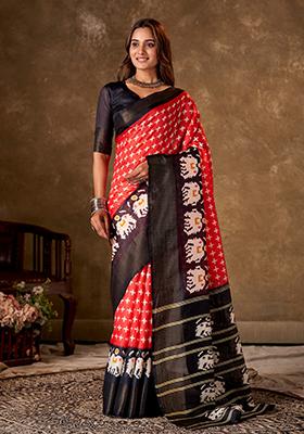 Red Printed Cotton Saree Set