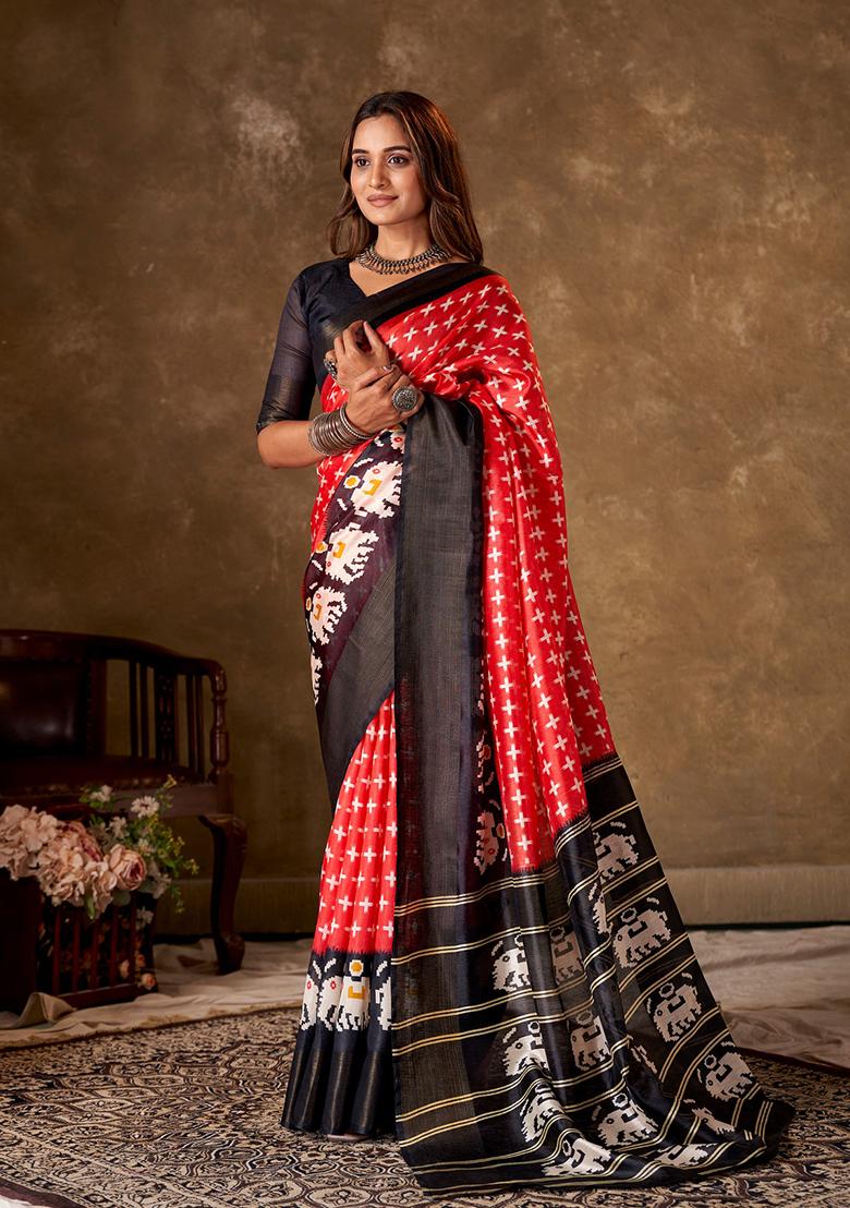 Red Printed Cotton Saree Set